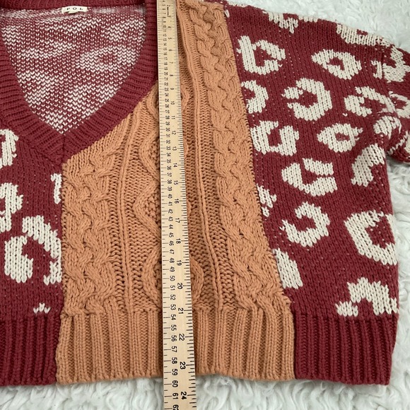 POL Anthropologie Leopard Print Cable Knit V Neck Sweater Burgundy Peach Sz L - Picture 7 of 10